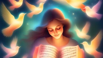 A woman with long hair reads a glowing book of sheet music, surrounded by glowing birds.