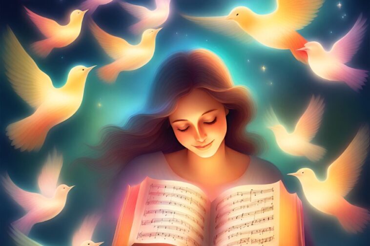 A woman with long hair reads a glowing book of sheet music, surrounded by glowing birds.