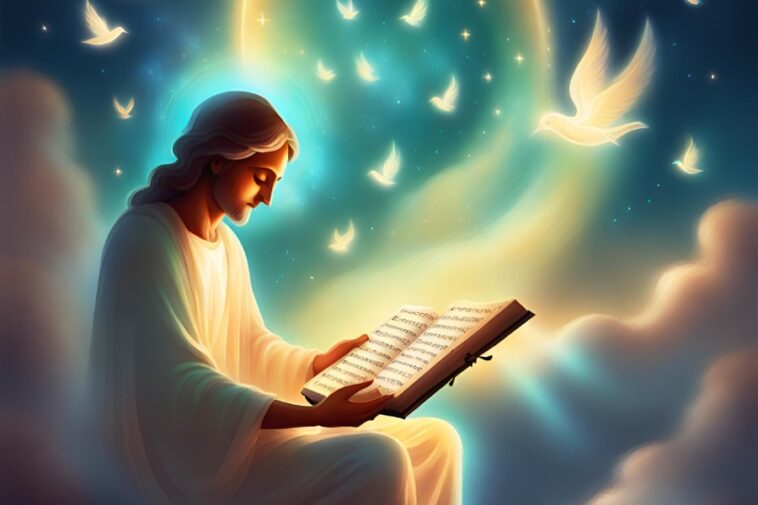 Person with long hair reading a book, surrounded by glowing doves and clouds.