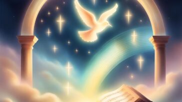 A glowing white dove flies above an open book of sheet music, framed by a stone archway in a sky filled with clouds and cross-shaped stars. A rainbow arcs behind the dove.