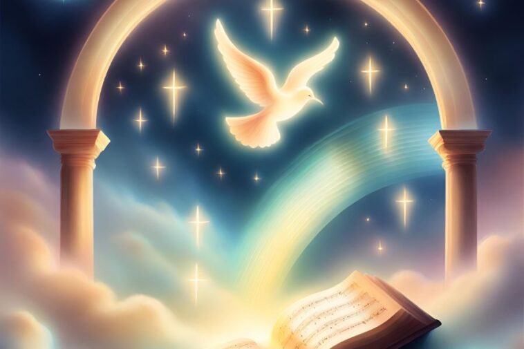 A glowing white dove flies above an open book of sheet music, framed by a stone archway in a sky filled with clouds and cross-shaped stars. A rainbow arcs behind the dove.