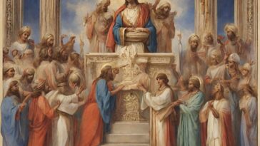 Painting of a crowd gathered around a man standing on a decorated platform.