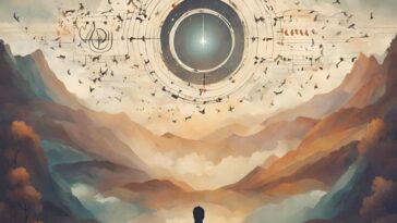 Painting of a person overlooking mountains, with musical notes and birds flying around a circular portal in the sky.
