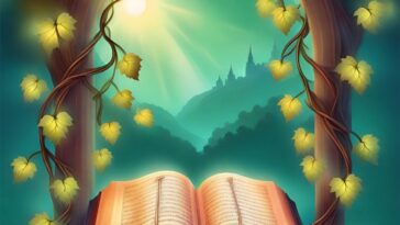 An open book with text sits in front of a landscape with mountains and a castle, framed by vines with glowing leaves.