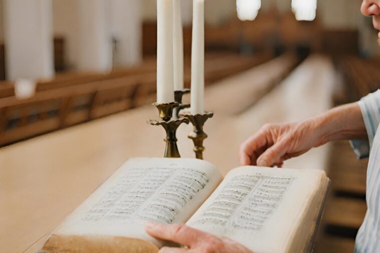 Close-up of a person reading an open book in a church, with a brass candle holder and white candles nearby. Rows of pews are visible in the background.