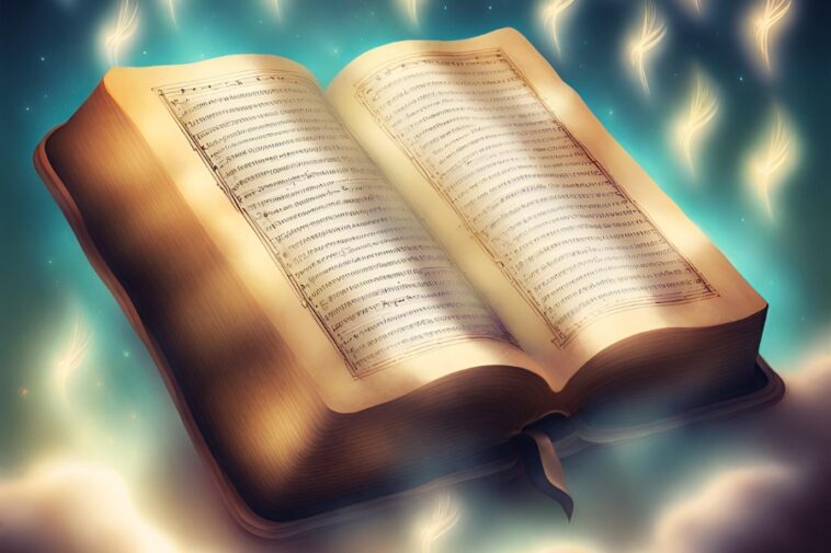 Open book with handwritten text on aged pages, floating against a blue-green background with glowing wisps.