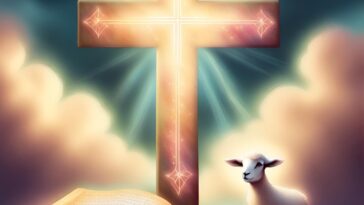 Glowing cross with starburst designs, open book, and a lamb against a cloudy sky.