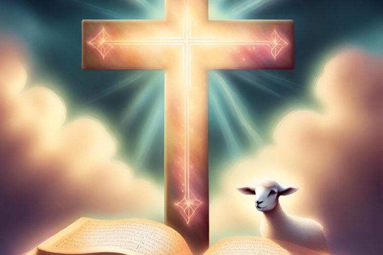 Glowing cross with starburst designs, open book, and a lamb against a cloudy sky.