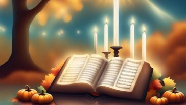 Open book of sheet music surrounded by pumpkins, fall leaves, and lit candles. A tree is visible in the background.