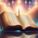 Open book with text, a lit candle behind it, and glowing crosses in the sky.