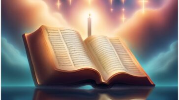 Open book with text, a lit candle behind it, and glowing crosses in the sky.