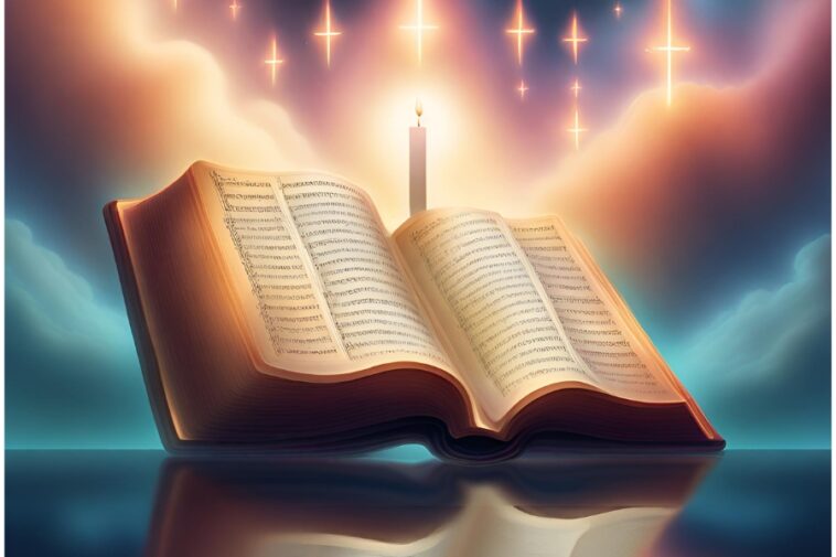 Open book with text, a lit candle behind it, and glowing crosses in the sky.
