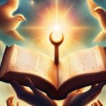 Open book with text and a crescent moon symbol, held up by hands, with doves and a bright light in the background.