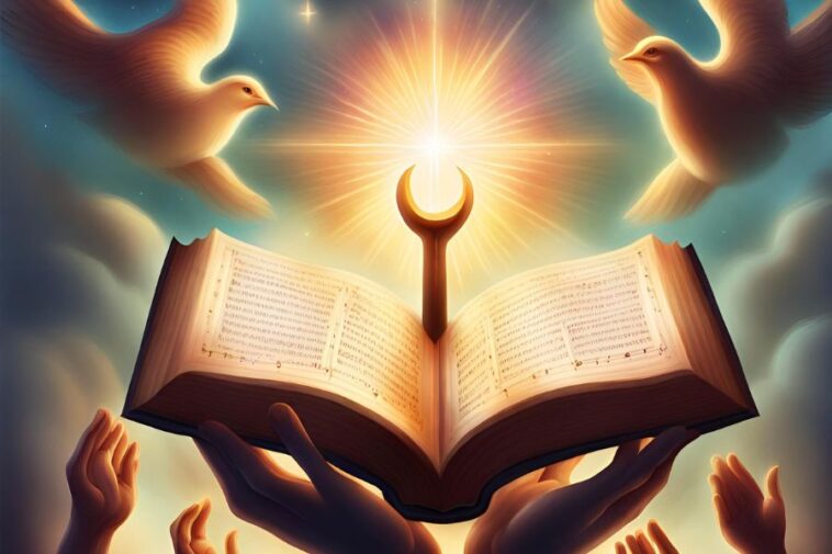 Open book with text and a crescent moon symbol, held up by hands, with doves and a bright light in the background.