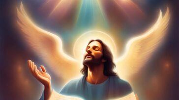 A man with long brown hair and a beard stands with eyes closed, angel wings behind him, holding a book, with light shining down.