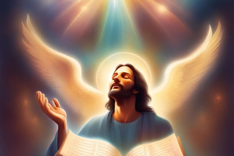 A man with long brown hair and a beard stands with eyes closed, angel wings behind him, holding a book, with light shining down.