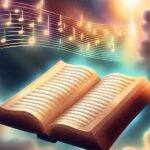 Open book with musical notes on its pages floating in a sky with clouds and glowing musical notes above.