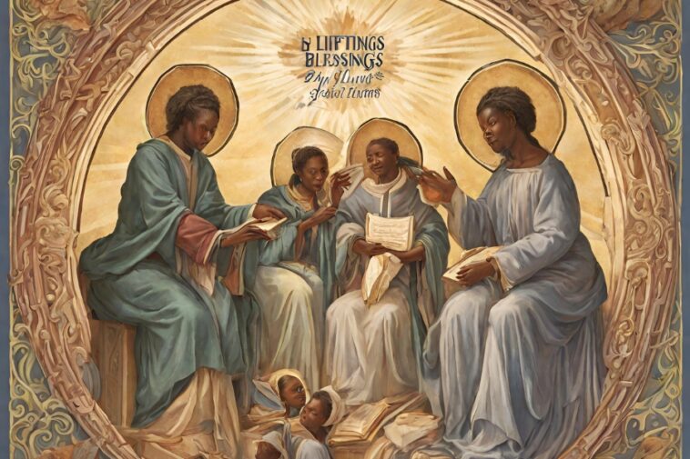 Painting of five dark-skinned people with halos, reading and teaching from books, encircled by an ornate frame.