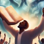 A man with arms raised holds an open music book up to the sky, with other people below also raising their arms.
