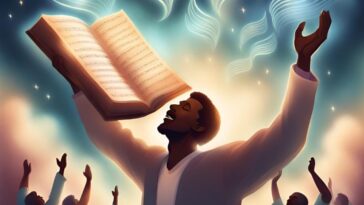 A man with arms raised holds an open music book up to the sky, with other people below also raising their arms.