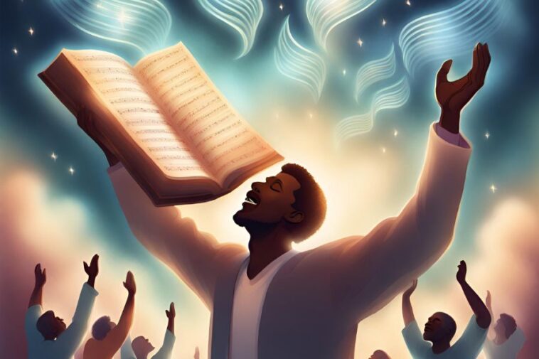 A man with arms raised holds an open music book up to the sky, with other people below also raising their arms.