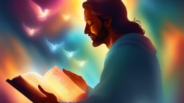 A person with long hair looks down at an open book, surrounded by glowing doves and a colorful, bright background.