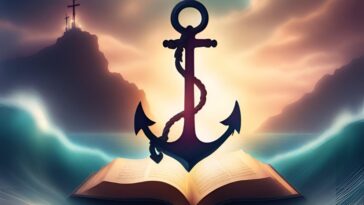 Anchor on an open book, with crosses on a distant hill under a cloudy sky.