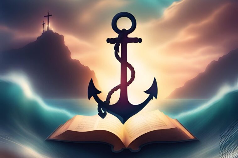 Anchor on an open book, with crosses on a distant hill under a cloudy sky.