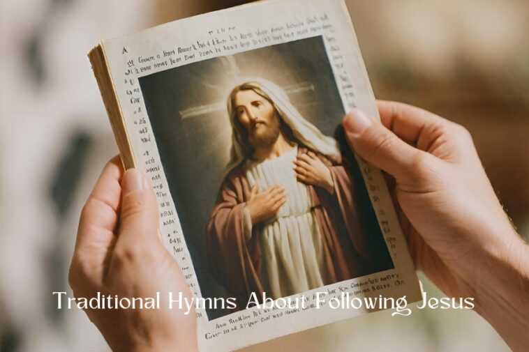 Hands holding open a hymn book with an image of Jesus on the right page and hymn text on the left.