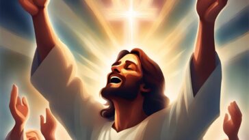 Illustration of a man with arms raised, looking up towards a glowing cross, with other people's hands raised in the background.