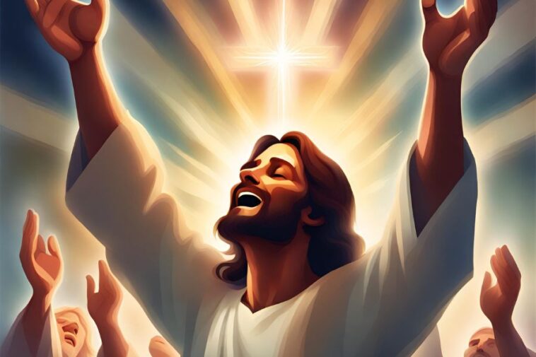 Illustration of a man with arms raised, looking up towards a glowing cross, with other people's hands raised in the background.