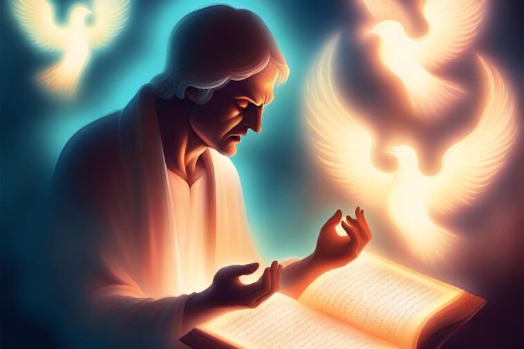A man with white hair reads a glowing book, surrounded by glowing doves.