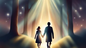 Silhouetted couple holding hands, walking toward bright light in a forest with stars.