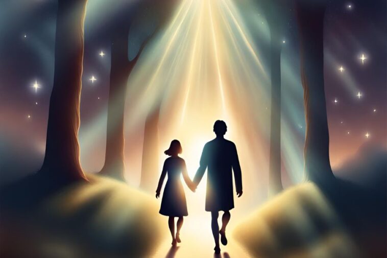 Silhouetted couple holding hands, walking toward bright light in a forest with stars.