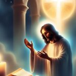 A person with long hair and a beard stands with hands open in front of a candle and open book. A glowing cross is in the background, surrounded by columns.