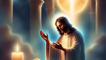 A person with long hair and a beard stands with hands open in front of a candle and open book. A glowing cross is in the background, surrounded by columns.