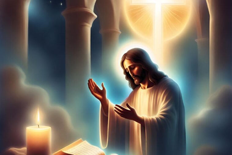 A person with long hair and a beard stands with hands open in front of a candle and open book. A glowing cross is in the background, surrounded by columns.