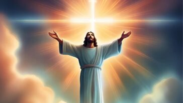 A figure with arms raised stands above open books, with a glowing cross in the sky.