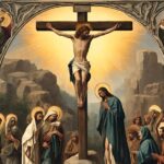 Painting of Jesus on the cross, surrounded by followers, set against a rocky landscape with a bright light behind the cross. The image is framed with decorative arches containing additional figures.