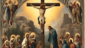 Painting of Jesus on the cross, surrounded by followers, set against a rocky landscape with a bright light behind the cross. The image is framed with decorative arches containing additional figures.