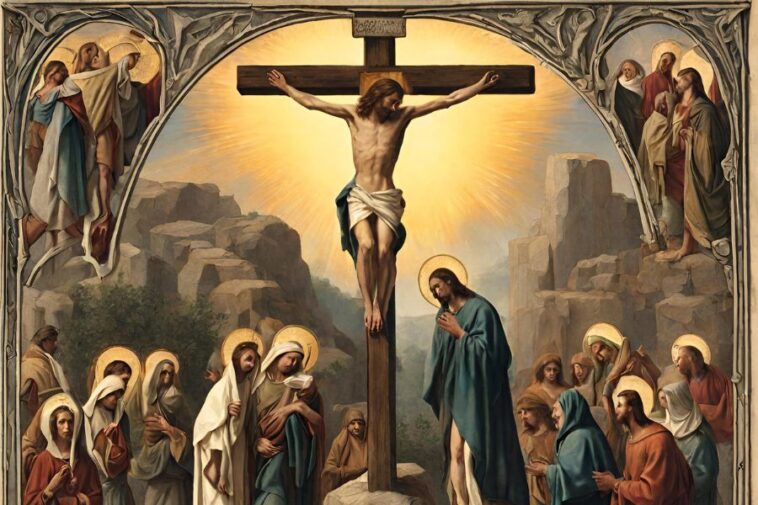 Painting of Jesus on the cross, surrounded by followers, set against a rocky landscape with a bright light behind the cross. The image is framed with decorative arches containing additional figures.