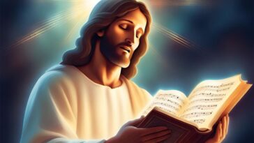 Person with long brown hair and beard, wearing a white robe, reads an open book of sheet music with a bright light above.