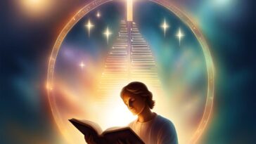Person reading a book, with a staircase leading to a glowing cross, surrounded by a circular frame with text and stars, against a cosmic background.