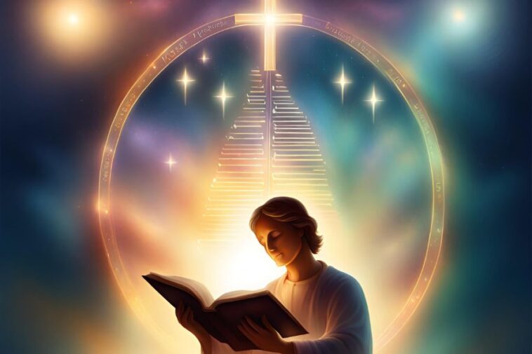 Person reading a book, with a staircase leading to a glowing cross, surrounded by a circular frame with text and stars, against a cosmic background.