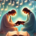 Two figures reading a glowing book, with musical notes in the background.
