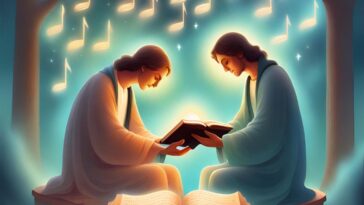 Two figures reading a glowing book, with musical notes in the background.
