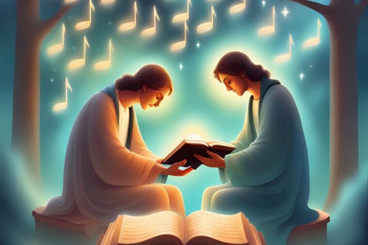 Two figures reading a glowing book, with musical notes in the background.