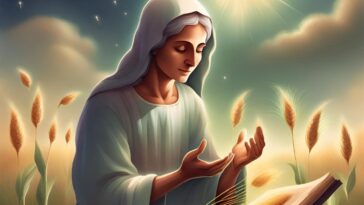 Woman in a head covering stands in a wheat field, hands outstretched, with a glowing book.