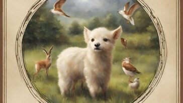 Painting of a fluffy white puppy in a field with birds and a rabbit, framed by an oval border.