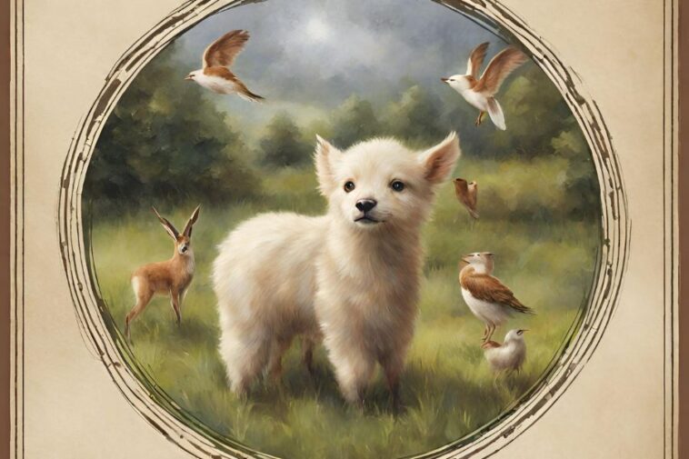 Painting of a fluffy white puppy in a field with birds and a rabbit, framed by an oval border.